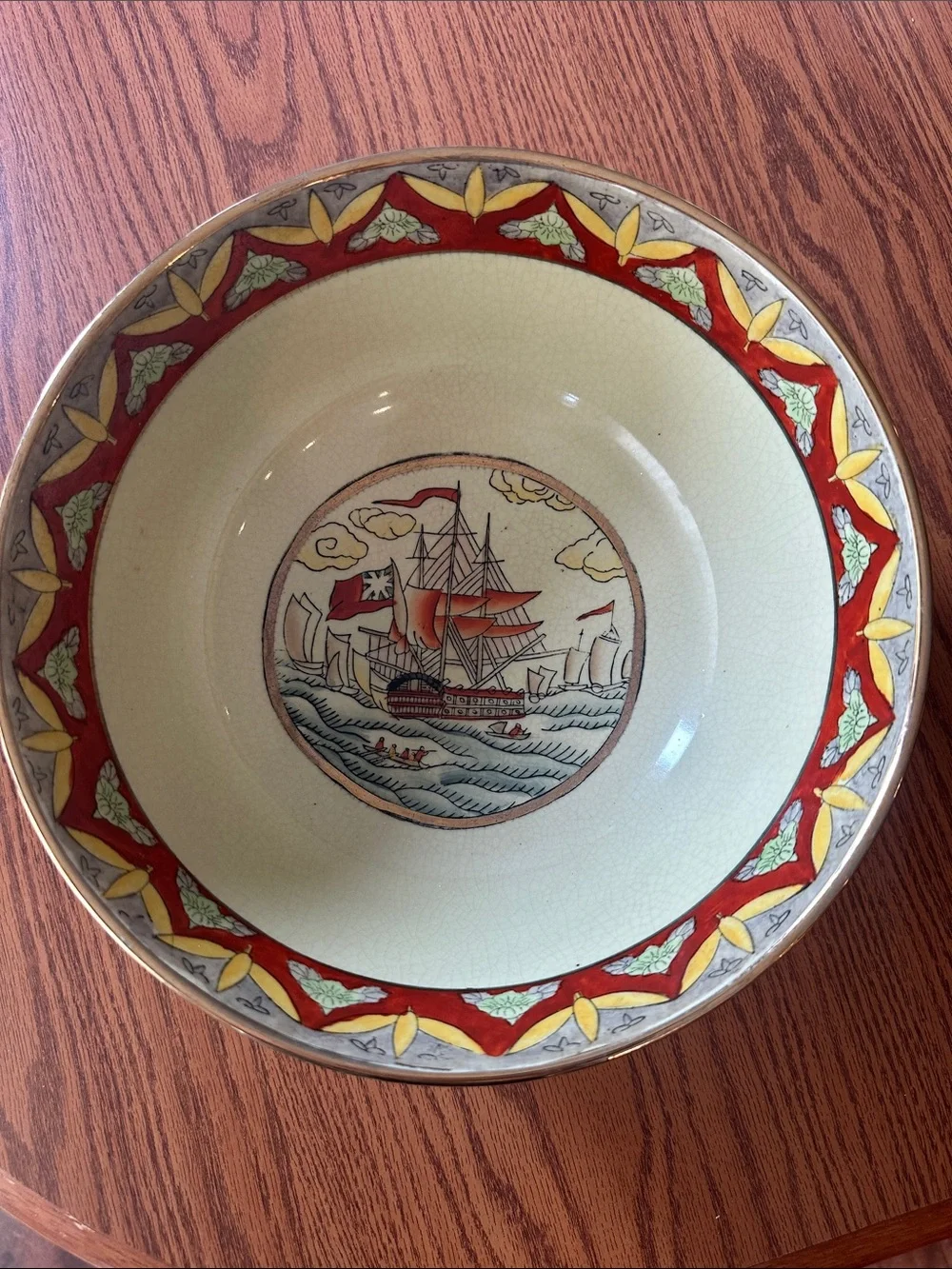 Vintage Decorative Chinese porcelain bowl galleon ship motif Excellent condition